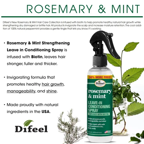 Miniatura 2 de Difeel Spray acondicionador sin enjuague fortalecedor de romero y menta con biotina, 6 onzas, fabricado con menta natural y aceite de romero