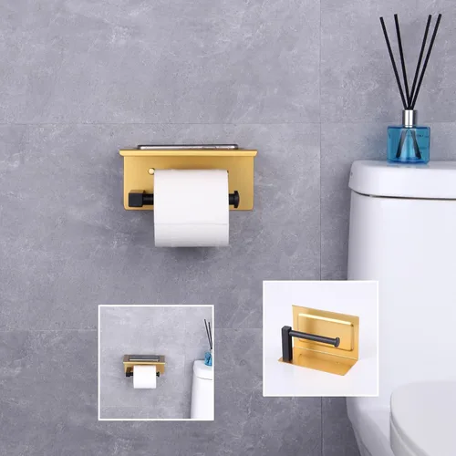 Miniatura 5 de GERZWY Soporte de papel higiénico de baño con estante Soporte de rollo de papel de papel de acero inoxidable Soporte de pared (negro y dorado)