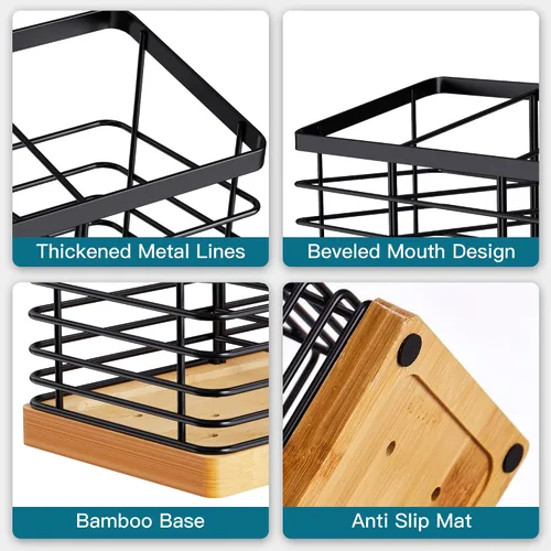 Miniatura 4 de Suli Soporte para utensilios de cocina extra grande con 4 compartimentos, soporte de metal negro mate con base de madera para encimera