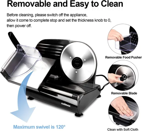 Miniatura 2 de Rebanadora de Carne, CUSIMAX Rebanadora Eléctrica de Embutidos para el Hogar, 2 Cuchillas Extraíbles de Acero Inoxidable de 7.5'' y Empujador, Negro