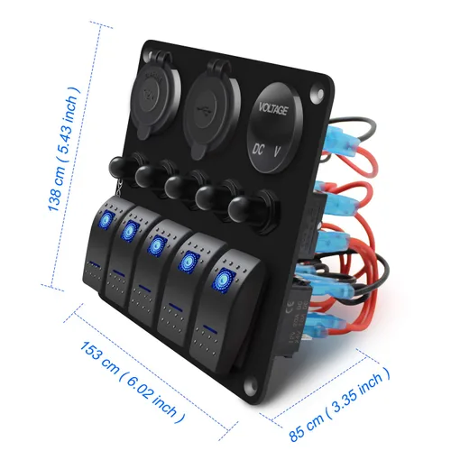 Miniatura 7 de FXC Panel de interruptor basculante azul marino impermeable de 5 segmentos con enchufe USB QC3.0 y ranura tipo C + encendedor de cigarrillos +