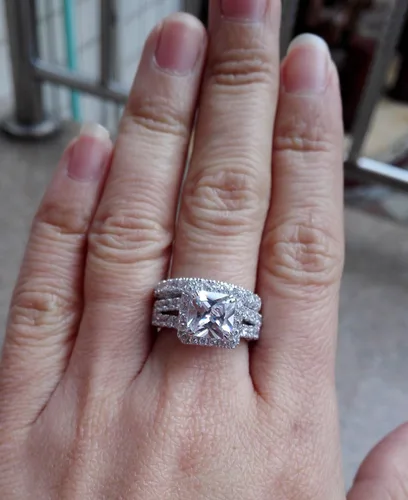 Miniatura 3 de Wuziwen Juego de anillos de compromiso de corte princesa para mujer, plata de ley, circonita cúbica