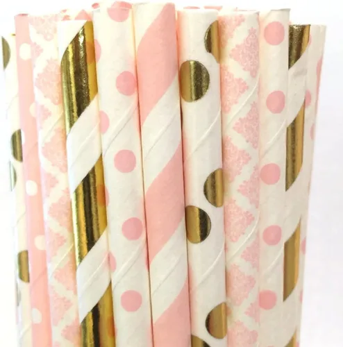 Miniatura 28 de 100 pajitas de papel mixtas para fiestas, color negro, rosa claro, azul, rojo, dorado, con lunares, burbujas, para cumpleaños, baby shower, boda