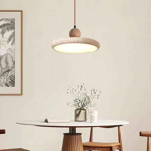 Miniatura 4 de Large Yellow Travertine Pendant Lights Nordic 3000K Warm Light Hanging Lamp 11.8IN Round Dining Room Chandelier with Wood Accents for Kitchen Island