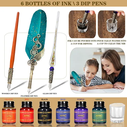 Miniatura 3 de Juego de tinta de pluma con pluma estilográfica, pluma estilográfica de madera, pluma estilográfica de vidrio, 6 botellas de tinta, papel de 16 Verde