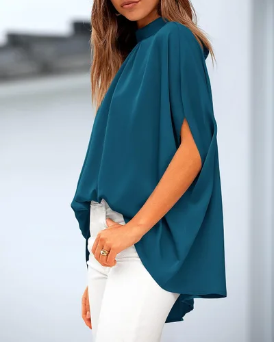 Miniatura 33 de BTFBM Blusas de verano para mujer, cuello alto falso, manga murciélago, holgadas, dobladillo alto y bajo, blusas informales de gran