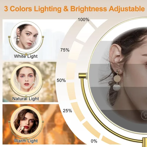 Miniatura 4 de Gospire Espejo iluminado montado en la pared de 9", con aumento 1X/10X, espejo de baño LED de doble cara, 3 luces de color y atenuación sin Dorado