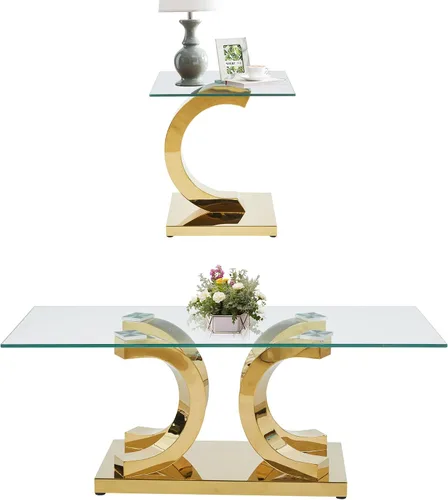 Miniatura 38 de SSLine Mesa auxiliar de cristal de lujo para sala de estar, mesa auxiliar moderna dorada con base de pedestal de acero inoxidable en forma de flor
