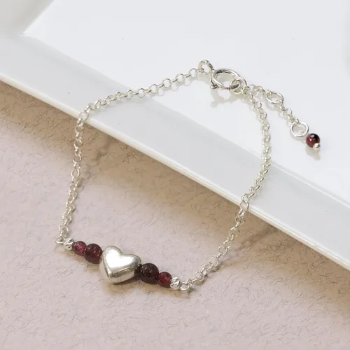 Miniatura 10 de 925 Sterling Silver Gemstone Bracelet - 3mm Gemstone Round Beads with Heart Silver Charm - 16-18cm Length - Gemstone Jewelry for Women - Perfect for