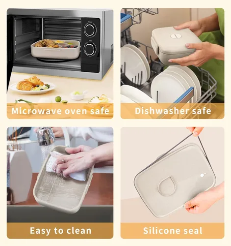 Miniatura 4 de Lonchera Bento, contenedor de almuerzo de 5 compartimentos para niños y adultos con taza de aperitivos, cajas de fibra de trigo ecológicas con doble