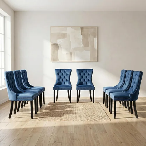 Miniatura 22 de OVENTA Juego de 4 sillas de comedor modernas tapizadas copetudas, terciopelo negro y gris y cuero con patas de madera maciza, sillas de cocina