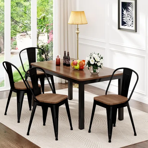 Miniatura 2 de Sillas de comedor de metal de 18 pulgadas, juego de 4 sillas de granja Arlunar, sillas de comedor negras apilables con respaldo y asiento de madera