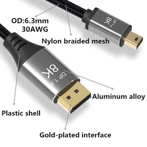Miniatura 9 de Cable Mini DP a DisplayPort 8K de 3.3 pies de 3.3 ft, 8K a 60Hz, 4K a 144Hz, transmisión bidireccional, compatible con Macbook, Surface Pro, TV