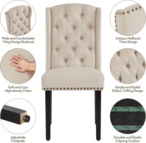 Miniatura 4 de Yaheetech Juego de 2 sillas de comedor tapizadas con botones copetudos con patas de madera maciza y adornos de cabeza de clavo para comedor, sala
