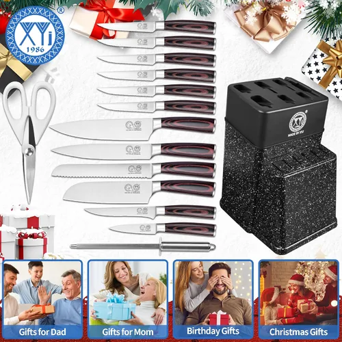 Miniatura 6 de XYJ Auténtico desde 1986, juego de bloque con cuchillos de cocina, juego de cuchillos de cocina con soporte, tijeras, juego de cuchillos de chef