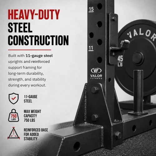 Miniatura 3 de Valor Fitness Barra de dominadas para sentadillas con ganchos en J y almacenamiento de platos de 2 pulgadas, soporte resistente para gimnasio