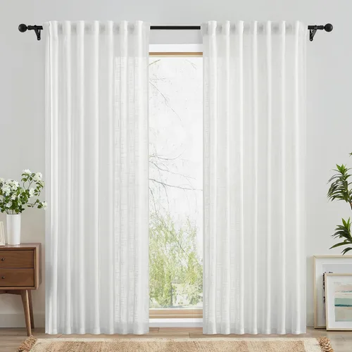 Miniatura 18 de FMFUNCTEX - Cortinas semitransparentes de lino de 114 cm de largo para dormitorio y sala de estar, paneles beige de lino texturizado para ventana