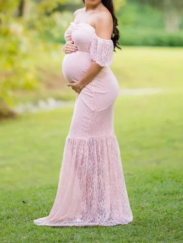 Miniatura 3 de ZIUMUDY Vestido de maternidad con hombros descubiertos y mangas de encaje con volantes estilo sirena para mujer, ideal para sesiones de fotos y baby