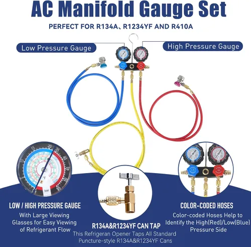 Miniatura 3 de BACOENG R1234YF Bomba de vacío de AC y juego de medidores, kit de bomba de vacío HVAC de 4 CFM con detector de fugas para refrigerante R1234yf R134a