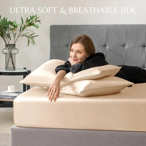 Miniatura 80 de THXSILK Juego de sábanas bajeras de 100% seda de morera, 3 piezas de seda 7A+, transpirable, suave, sábana bajera de 16 pulgadas de profundidad, 2
