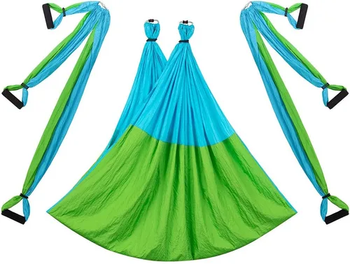 Miniatura 3 de Juego de hamaca aérea de yoga con 2 correas de extensiones y kit de montaje en techo, equipo para colgar inversión de yoga Azul y Verde
