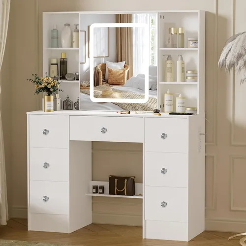 Miniatura 21 de Espejo de tocador con luces, escritorio y silla, 5 cajones y gabinete, mesa de maquillaje con espejo grande HD, 3 modos de iluminación, mesa