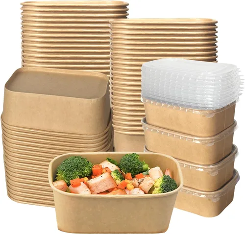 Paquete de 50 recipientes de alimentos de papel kraft, cuencos de ensalada desechables de 25 onzas con tapas, cuencos de sopa rectangulares a prueba