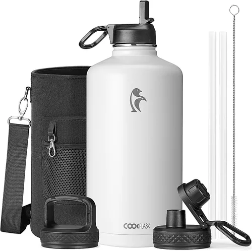 Miniatura 28 de Coolflask Botella de agua de 20 onzas aislada con pajilla, 3 tapas de metal de acero inoxidable, botella de agua de boca ancha para deportes u