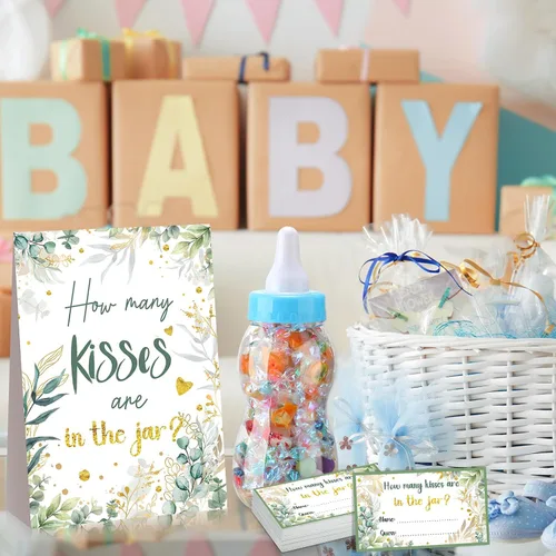 Miniatura 5 de Fuutreo Juego de 52 piezas de regalos para baby shower, incluye un biberón grande de pie con 50 tarjetas pequeñas, decoraciones florales para niñas