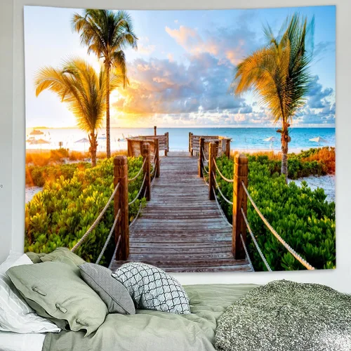 Miniatura 2 de Delur Tapiz de playa y puesta de sol tropical, palmera, costero, tapiz para colgar en la pared, paisaje natural, cabecero psicodélico escénico