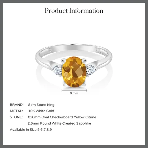 Miniatura 6 de Anillo de compromiso de oro blanco de 10 quilates con 3 piedras preciosas para mujer, piedra natal y zafiro blanco creado, ovalado de 0.315 x 0.236