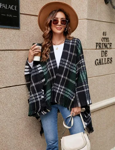 Miniatura 4 de VIMPUNEC - Pashmina estilo bohemio con patrón a cuadros para mujer, con borla.