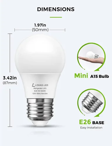 Miniatura 8 de L LOHAS LED Bombilla para refrigerador, equivalente a 40 W, 120 V, A15, bombillas impermeables para nevera, 5 W, E26, base media, luz blanca diurna