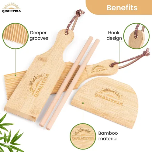 Miniatura 5 de Juego de tablas de ñoquis para masa rodante, 2 paletas, 2 rodillos y 1 cortador, herramientas moldeadoras de pasta de bambú, máquina para hacer