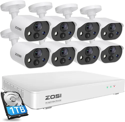 ZOSI C303 - Sistema de cámara de seguridad para el hogar de 8 canales con audio, detección de personas y vehículos, visión nocturna, alarma de luz y
