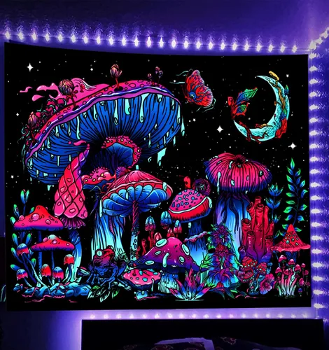 Miniatura 8 de TUGCAY Tapiz de hongos con luz negra, que brilla en la oscuridad, tapiz de plantas con luz negra, fantasía, hongo, mariposa, luna, reactivo a