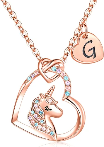 Hidepoo - Collar de unicornio para niñas, regalo para hija, collar con dije con inicial colorido de circonita con forma de corazón, para