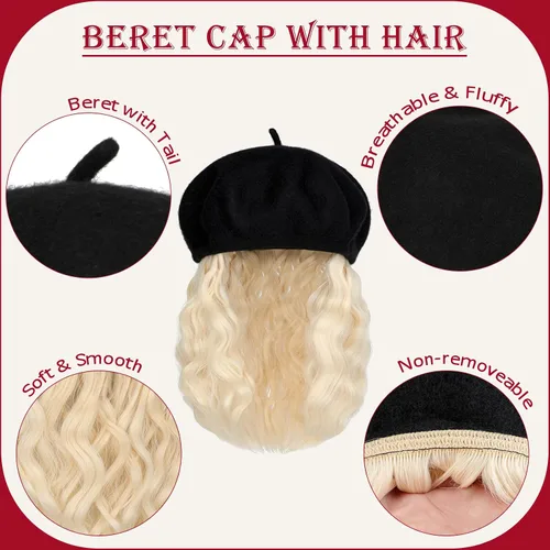 Miniatura 5 de Boinas con extensiones de cabello, gorra clásica elástica de lana francesa sólida adjunta, corto y rizado, peluca sintética para mujer, rubio