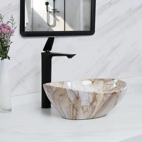 Miniatura 9 de Davivy Lavabo Ovalado de Veteado Nórdico de 16'' X 13'' con Desagüe Pop Up, Lavabo de Cerámica, Lavabos de Baño Sobre Encimera, Lavabos de Baño