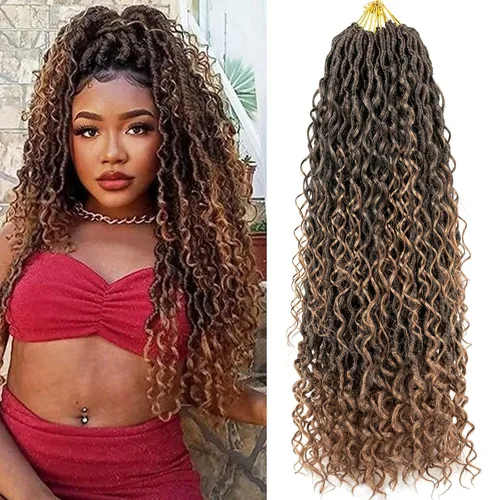 Miniatura 31 de Copper Goddess Faux Locs Cabello de Ganchillo con Puntas Rizadas, 7 Paquetes de 14 Pulgadas Boho Goddess Locs Cabello de Ganchillo, Cabello