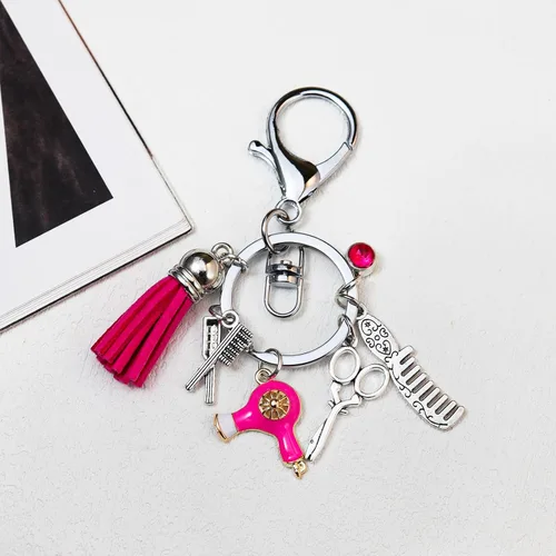 Miniatura 2 de Fuqimanman2020 Peine tijeras secador de pelo llavero con borla y diamante negro encanto peluquero estilista regalo joyería