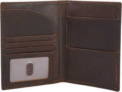 Miniatura 4 de Polare - Cartera plegable de cuero de grano completo para pasaporte con bloqueo RFID, 2 pasaportes, Marrón oscuro, Slim