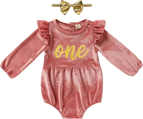 Miniatura 22 de GRNSHTS Ropa de primer cumpleaños para niña de terciopelo de un año de edad, mameluco de manga larga + diadema, 2 piezas de trajes de pastel