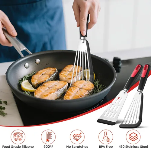 Miniatura 3 de Juego de 2 espátulas de pescado, espátulas de silicona resistentes al calor de 600ºF para utensilios de cocina antiadherentes, espátula ranurada