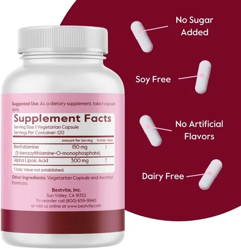 Miniatura 3 de BESTVITE Benfotiamina 150mg / Ácido alfa lipoico 300 mg (120 cápsulas vegetarianas) – Sin estearatos – Vegano – Sin gluten – Sin OMG