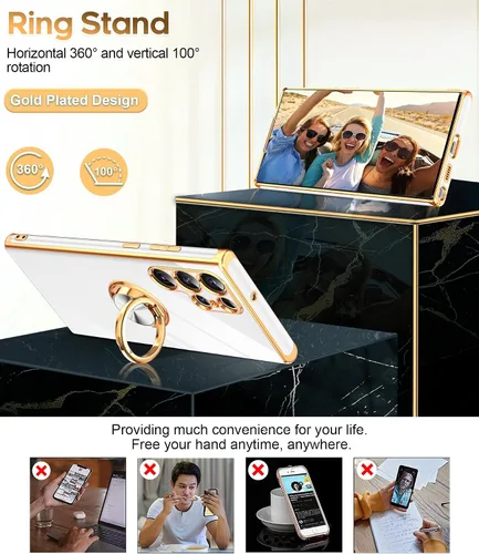 Miniatura 3 de LeYi Funda para Samsung Galaxy S22 Ultra con Soporte de Anillo Giratorio de 360°, Soporte Magnético con Patilla, Borde Protector Chapado en Oro Rosa
