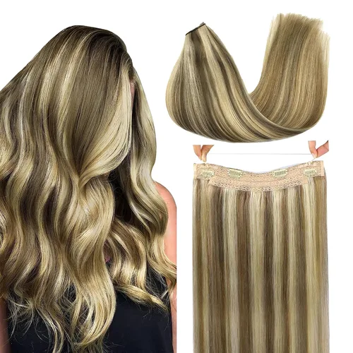 Miniatura 24 de GOO GOO Extensiones de Cabello Humano con Alambre, 18A/613A Rubio Oscuro mezclado con Rubio Decolorado Resaltado 18 pulgadas 95g, Extensiones