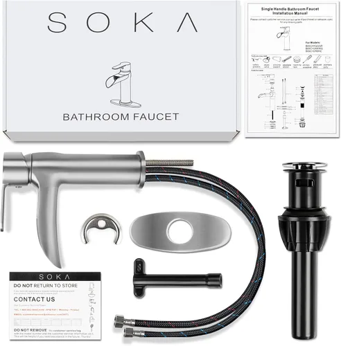 Miniatura 7 de SOKA - llave de baño en cascada, llave de fregadero de baño con un solo mango y un solo agujero para lavabo, llave de lavabo con desagüe emergente