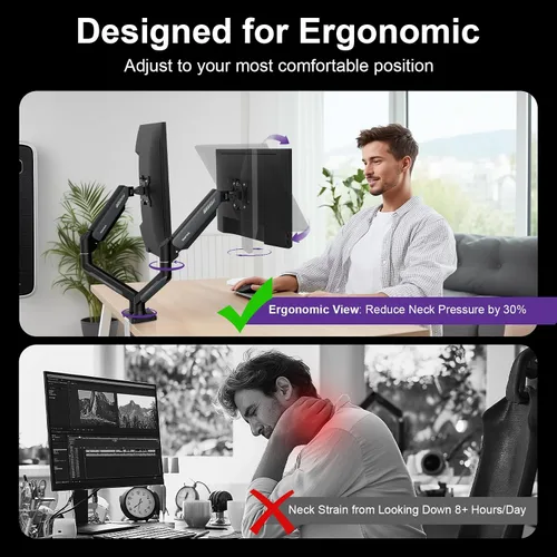Miniatura 7 de NearHub - Soporte de escritorio para doble monitor para pantalla de computadora de 13-32" y hasta 10 kg, rotación de 360°, inclinación de +90° a