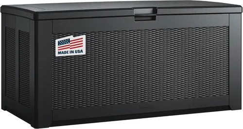 Miniatura 7 de Caja de almacenamiento para exteriores de resina extra grande Rubbermaid (134 galones), resistente a la intemperie, color negro, organización